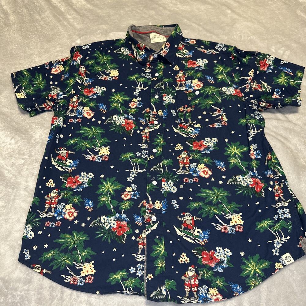 Free Planet Button Up Shirt Mens Size 2X Short Sleeve Hawaiian Santa Beach Print